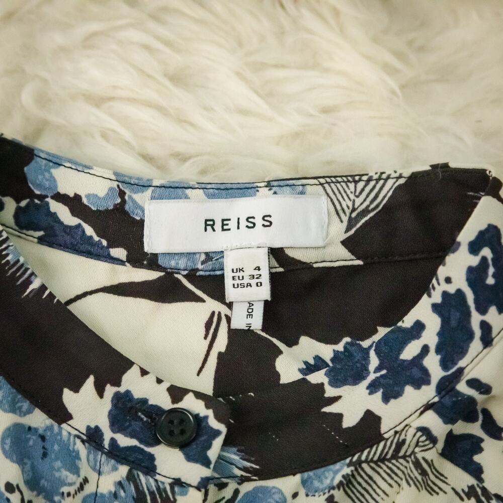 Reiss Size 0 Mika Black Blue Floral Print Collarless Button Front Top Blouse - Picture 4 of 7